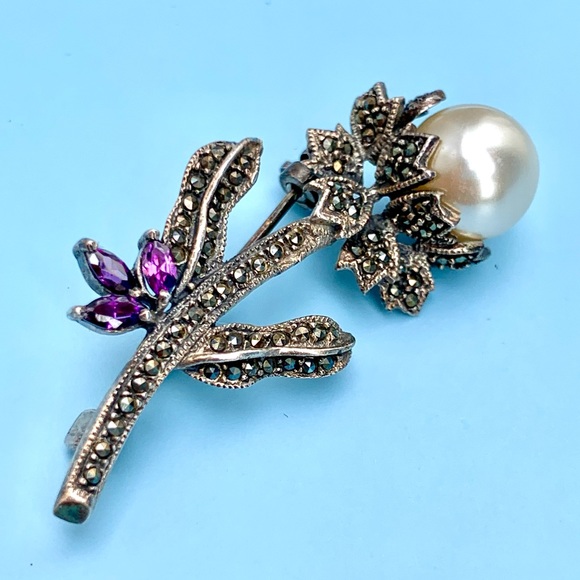 VTG 925 Pearl & Marcasite Flower Stem Silver Brooch Lapel Pin - Picture 3 of 6